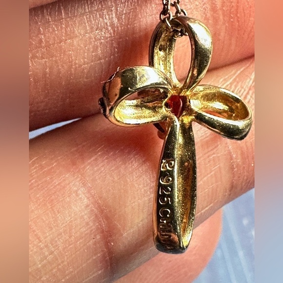 CROSS PENDANT NECKLACE GEMSTONE AND MARCASITE GOLD OVER STERLING PETITE 5509 L - Picture 2 of 12